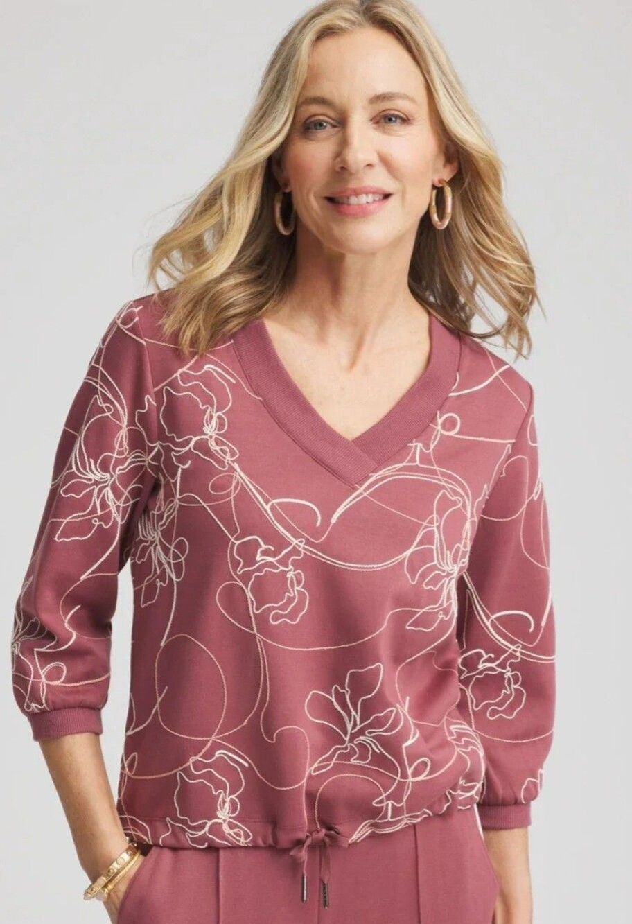 Chico's Zynergy Double Knit Floral Embroidered Top Size 0 / Small Mauve V Neck